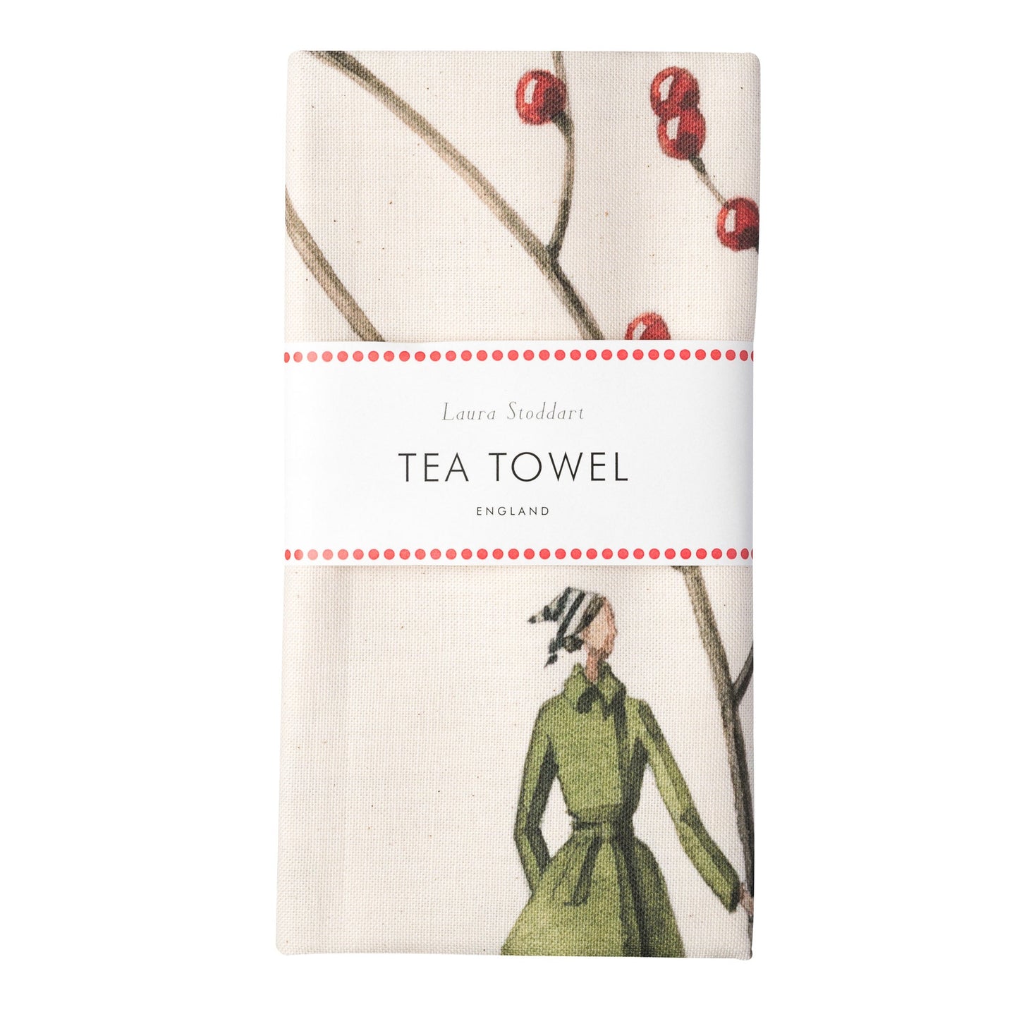 tea towel, natural cotton, 100% cotton, unbleached cotton, illustration, red berries, christmas, made in england