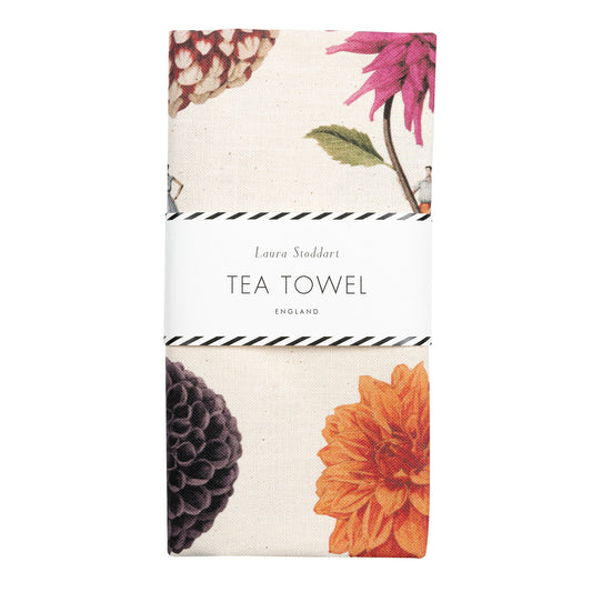 tea towel, unbleached cotton, illustration, dahlias, flowers, made in england