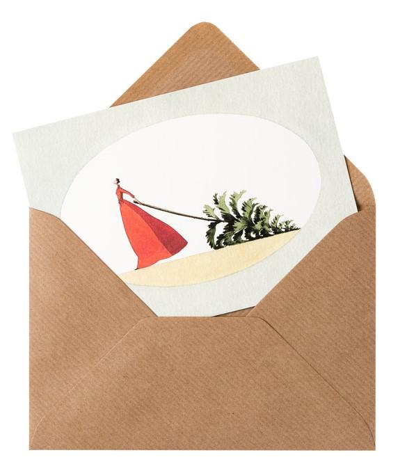fsc paper, Christmas cards, made in england, illustration, lady, christmas tree, christmas