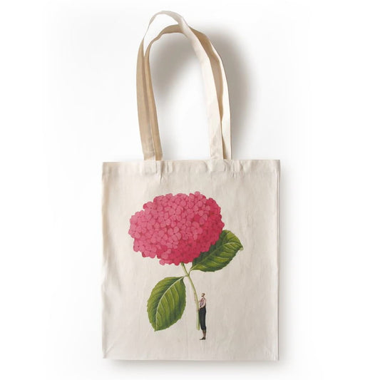 cotton bag, bag, pink hydrangea, flowers, unbleached cotton, made in england, illustration