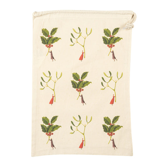 Drawstring Bag - Holly and Mistletoe medium