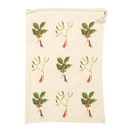 Drawstring Bag - Holly & Mistletoe medium