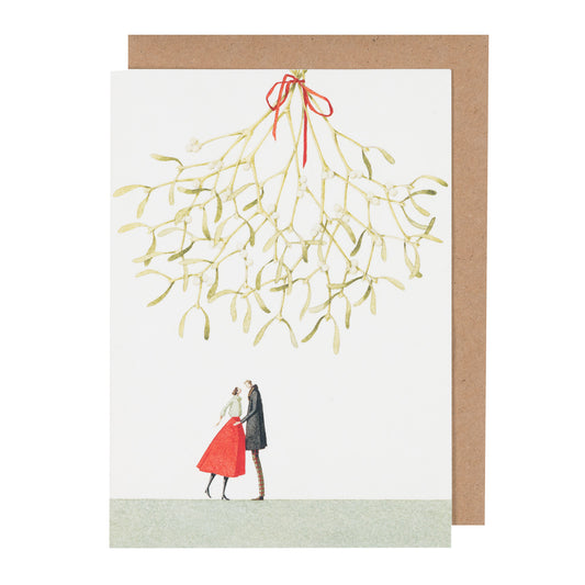 environmentally sustainable paper, compostable packaging, recycled paper, made in england, illustration, mistletoe, kiss, christmas
