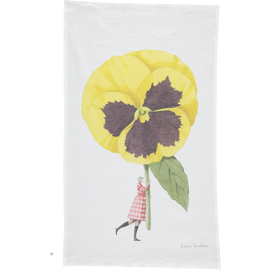 tea towel, linen union, unbleached cotton, illustration, pansy, flowers, made in england