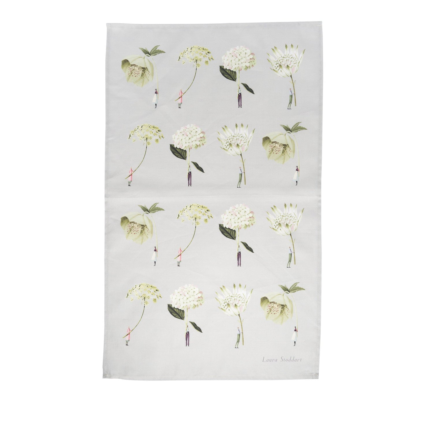 tea towel, linen union, unbleached cotton, illustration, camellia, green flowers, made in england