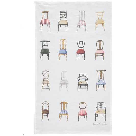 tea towel, linen union, unbleached cotton, illustration, chairs, musical chairs, made in england