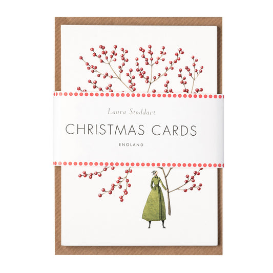 fsc paper, Christmas cards, made in england, illustration, red berries, lady, christmas