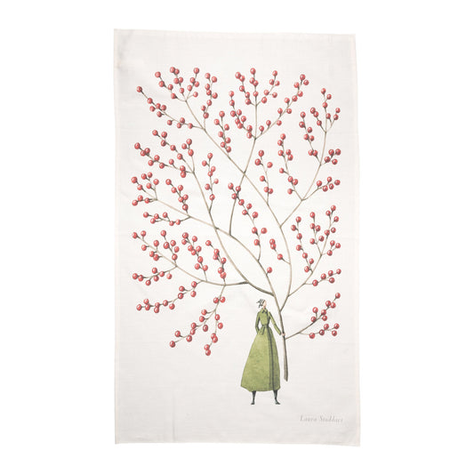 tea towel, natural cotton, 100% cotton, unbleached cotton, illustration, red berries, christmas, made in england