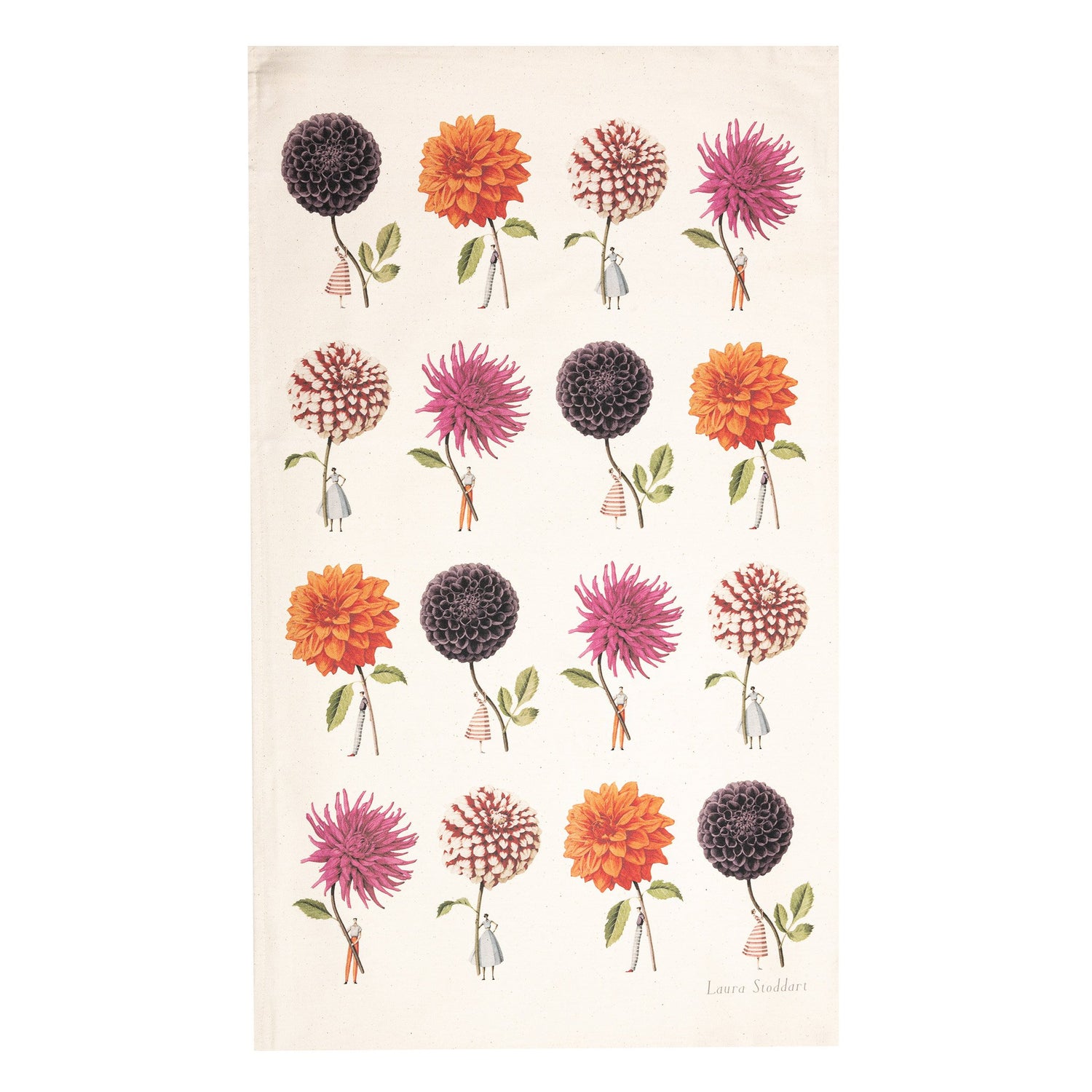 tea towel, linen union, unbleached cotton, illustration, dahlias, flowers, made in england