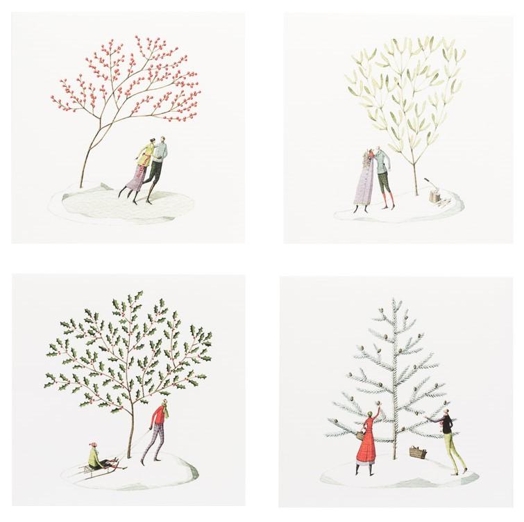 fsc paper, Christmas cards, made in england, illustration, snow, lady, man, trees, christmas
