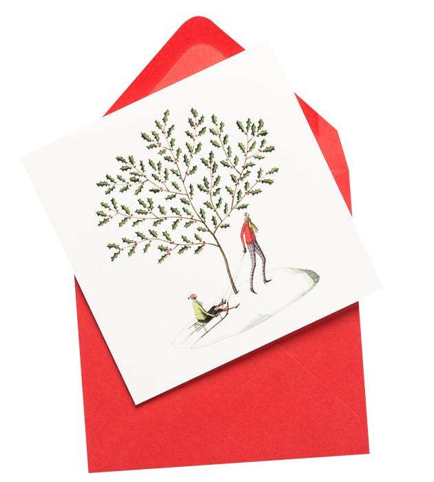 fsc paper, Christmas cards, made in england, illustration, holly, snow, lady, man, christmas