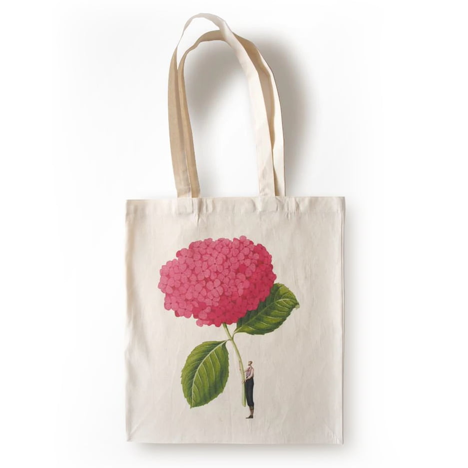 cotton bag, bag, pink hydrangea, flowers, unbleached cotton, made in england, illustration